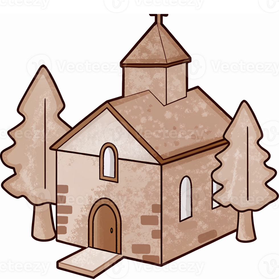 Rustic Stone Church Surrounded by Tall Evergreen Trees with Simple Architectural Design png