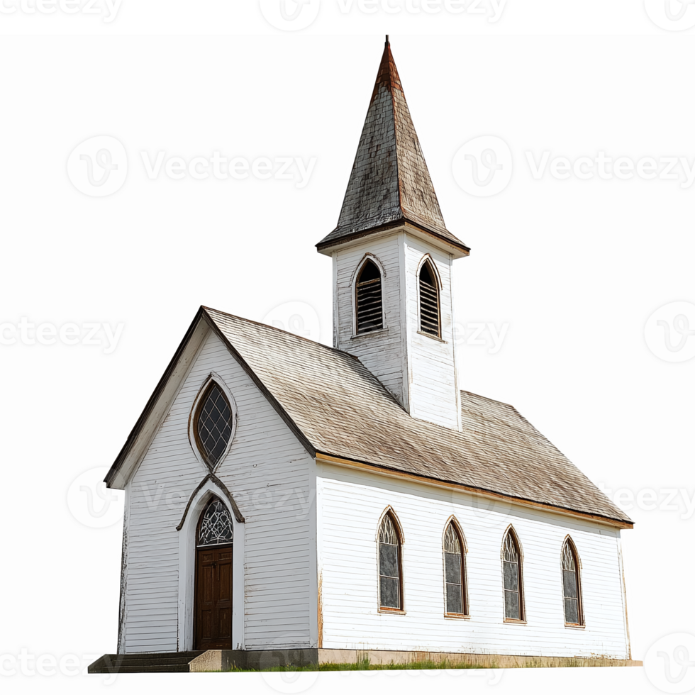Charming White Wooden Church with Steeple and Arched Windows on Transparent Background png