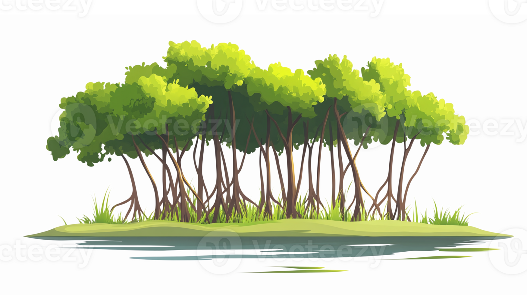 Lush Green Mangrove Forest Isle with Reflections in Calm Water Environment png