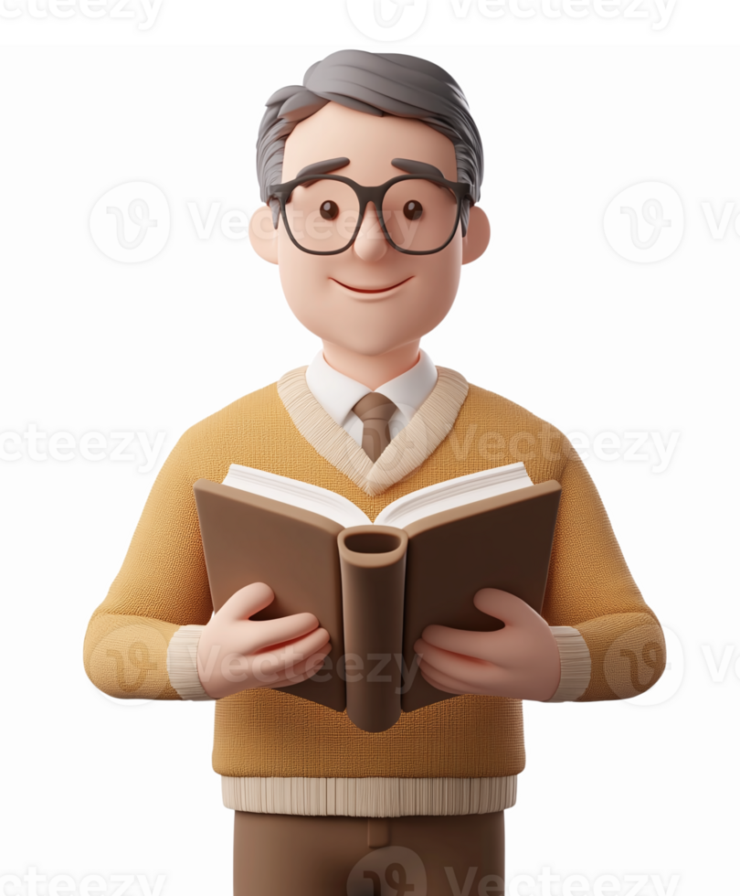 Cheerful Man Reading Book in Sweater Illustration for Education and Library Themes png