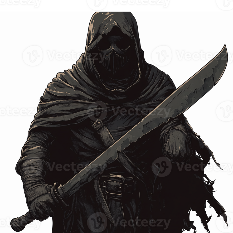 Mysterious Hooded Figure with Sword in Dark Cloak Silhouette on Transparent Background png