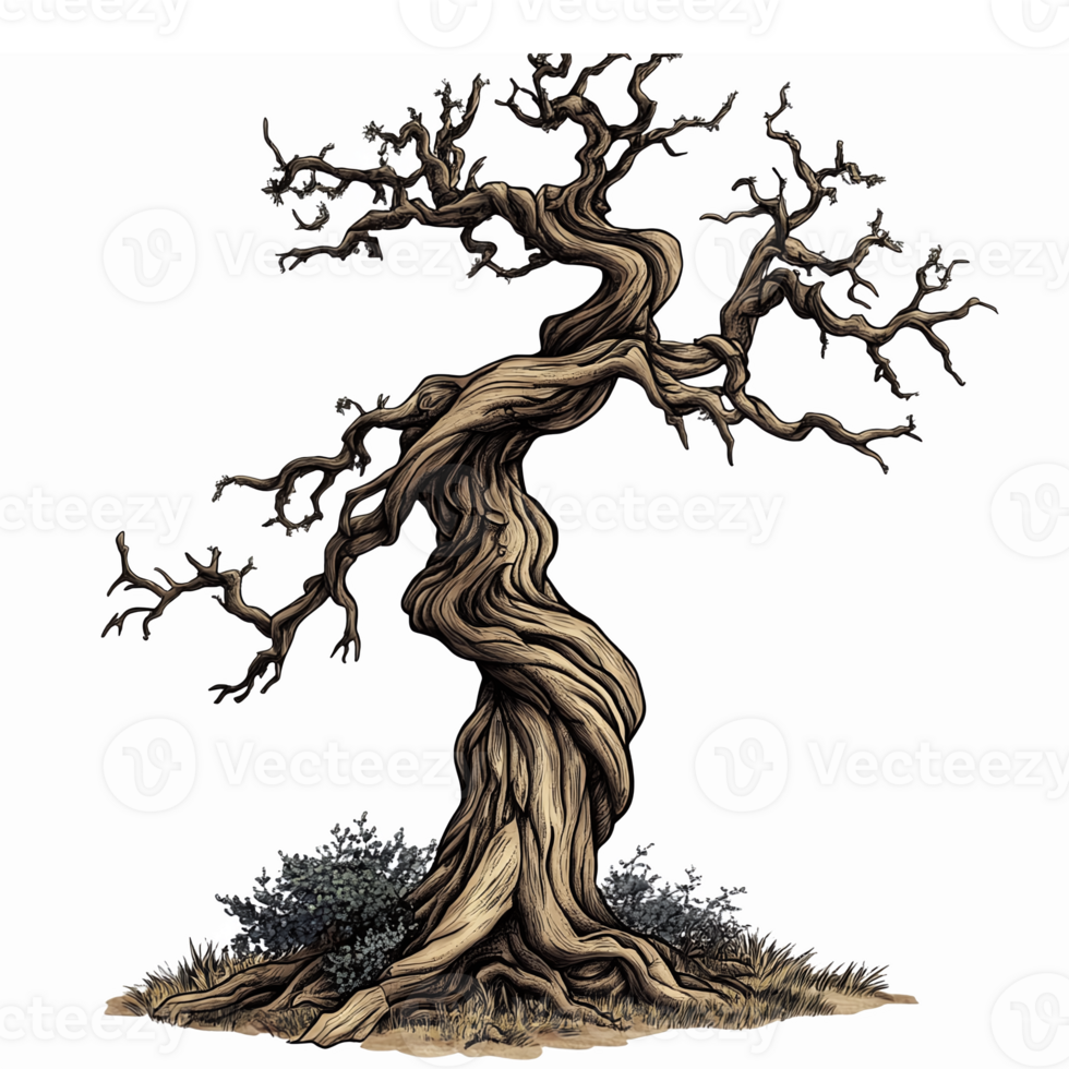 Twisted Old Tree Illustration with Detailed Bark and Branches for Nature Inspired Designs png