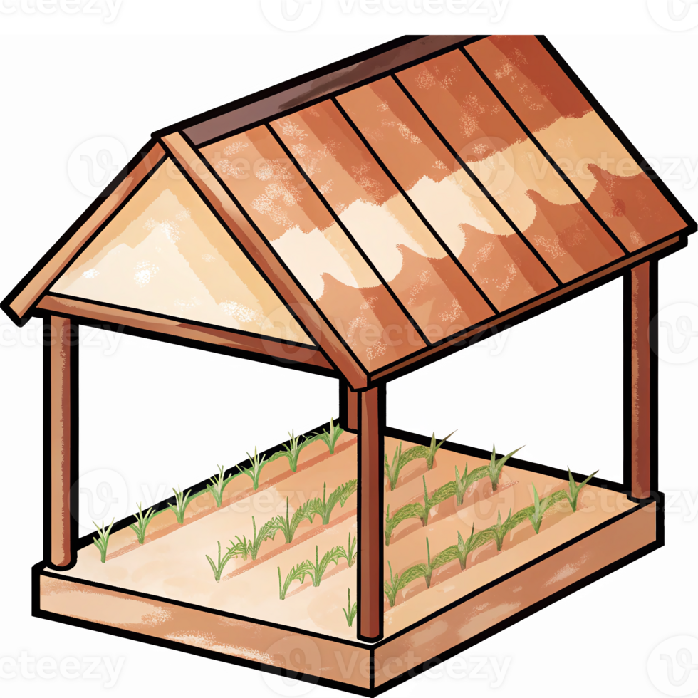 Farmhouse Garden Shelter Structure with Flourishing Green Plants and Rustic Roof Design png