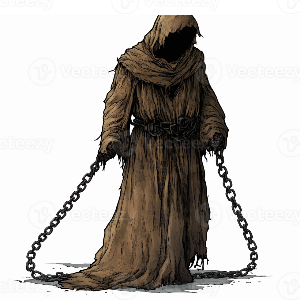 Mysterious Hooded Figure in Tattered Robes Holding Chains with a Dark Presence png