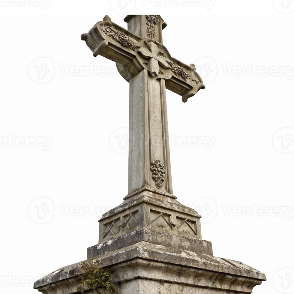 Intricate Stone Cross Monument with Celtic Design and Detailed Carvings on a Transparent Background png