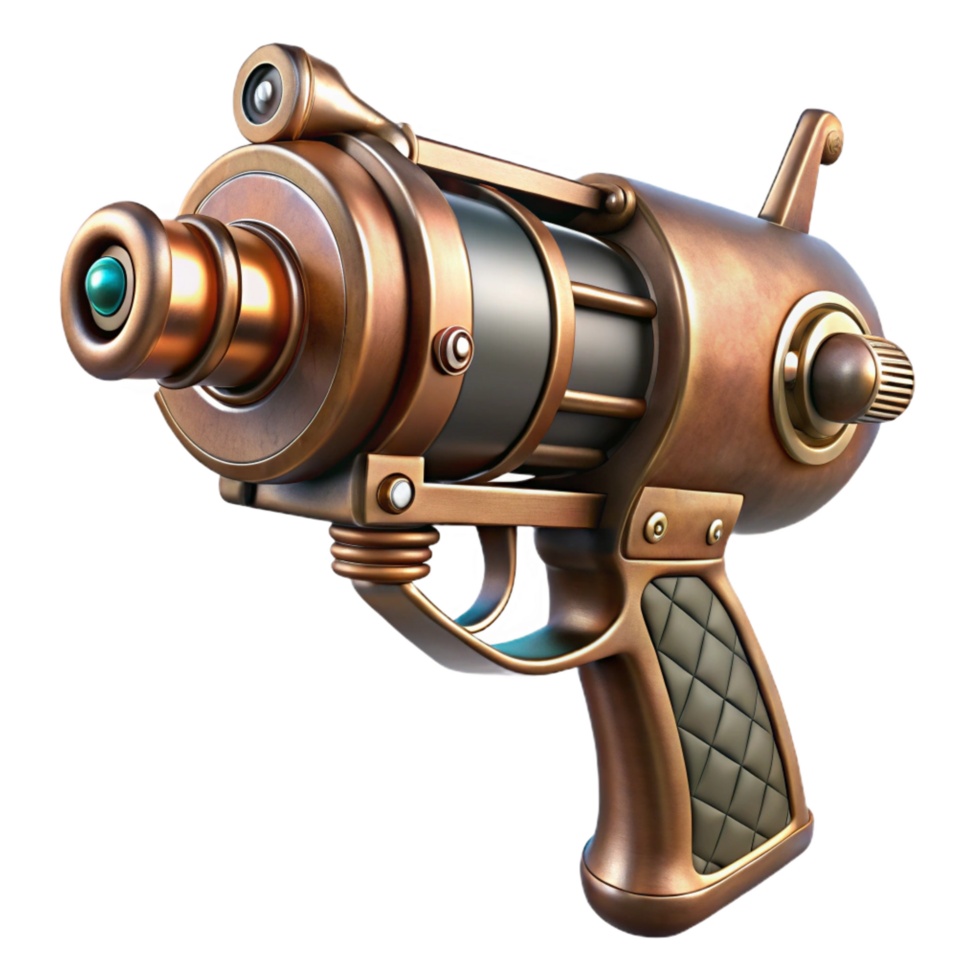 serene rustic Steampunk ray gun with copper plating and wooden handle professional png