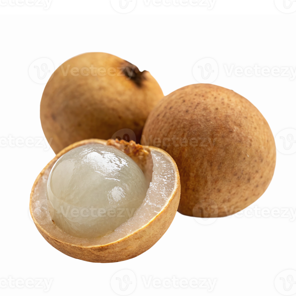 Fresh Longan Fruit Isolated on Transparent Background with One Split Open Revealing Juicy Flesh png
