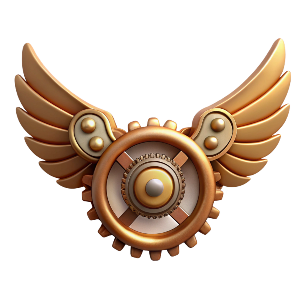 impressive minimalist Steampunk wings icon with gears, clockwork, and metal feathers 4K png