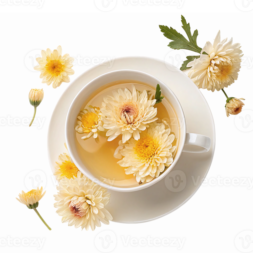 Chrysanthemum Flower Tea Composition in White Cup with Blooms and Leaves on Transparent Background png