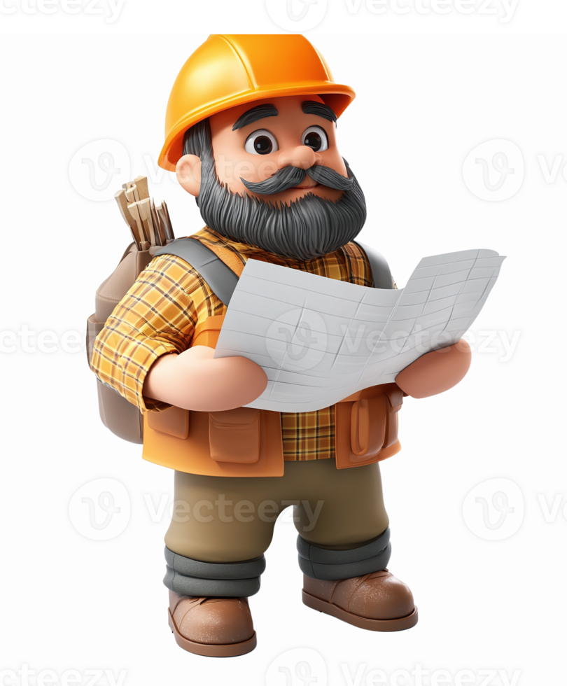 Friendly Construction Worker Holding Blueprints with Hard Hat and Backpack for Building Projects png