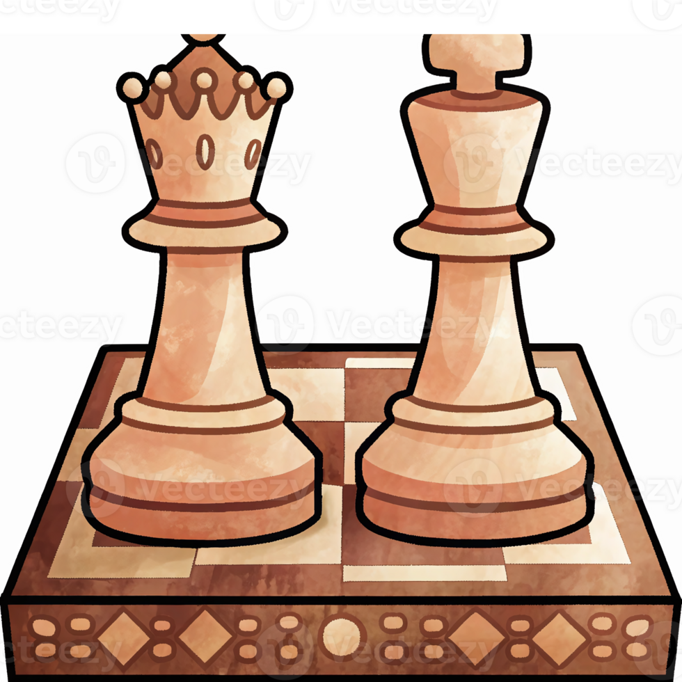 Elegant Chess King and Queen Pieces on an Ornate Board Illustration with Transparent Background png
