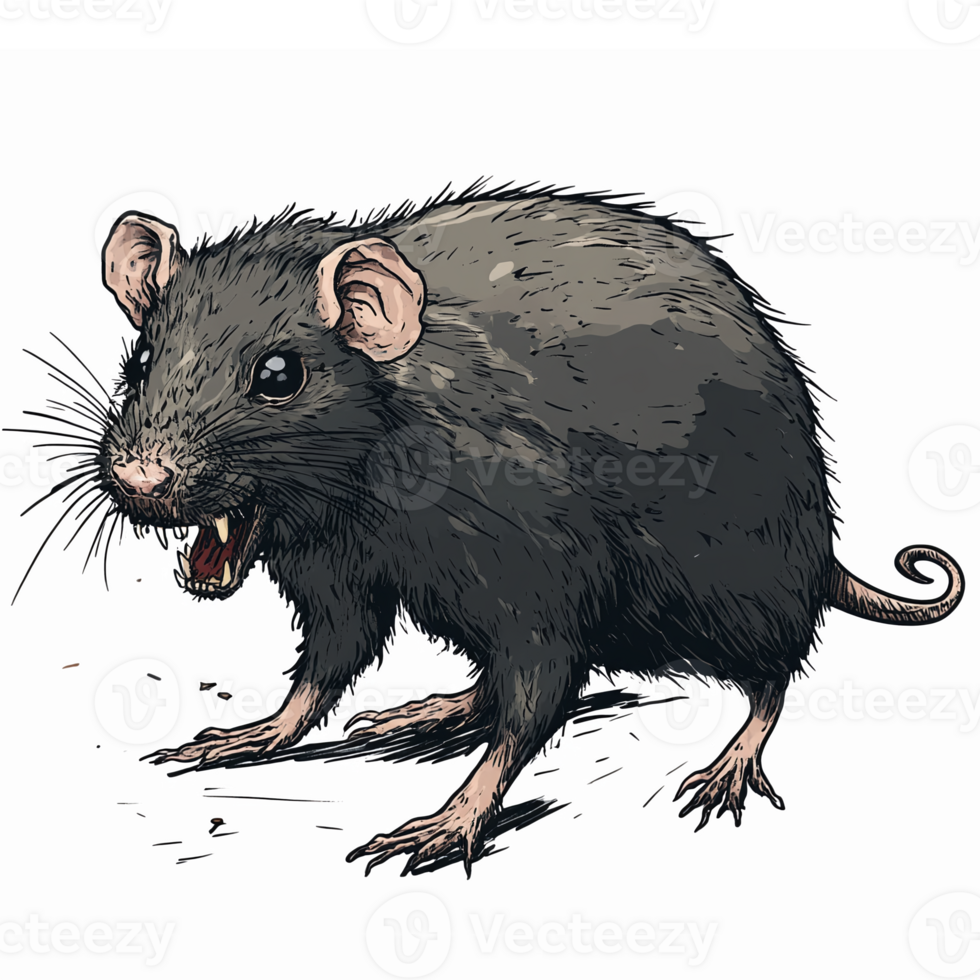 Realistic Angry Black Rat Illustration with Detailed Fur and Sharp Teeth on Transparent Background png