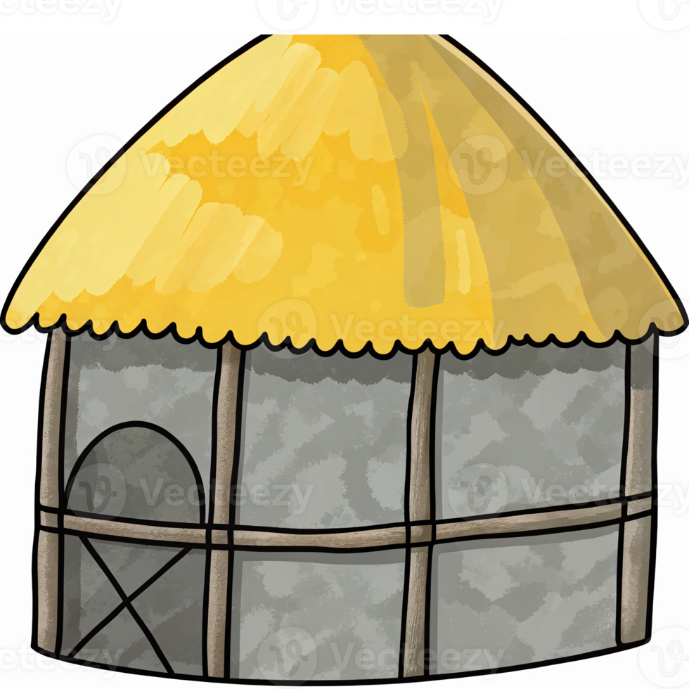 Hand-Drawn Straw Roof Hut with Gray Stone Walls Ideal for Illustrations and Educational Materials png