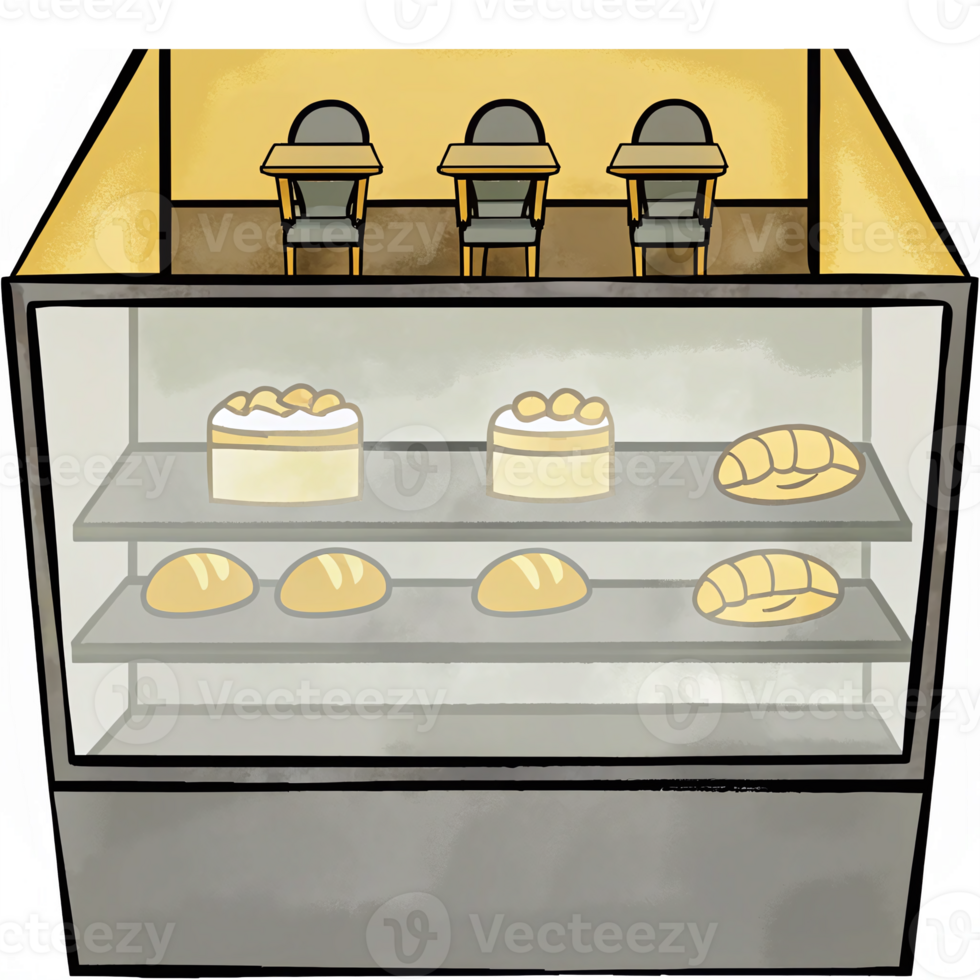Bakery Display Case with Assorted Pastries and Seating Area for Customers png
