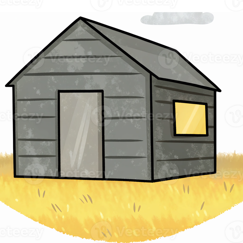 Rustic Gray Wooden House in a Wheat Field with Clear Sky and Simple Design png