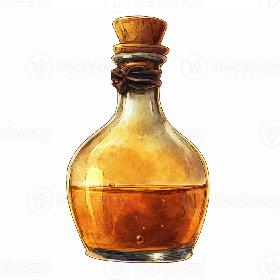 Whimsical Vintage Glass Bottle with Amber Liquid and Cork Stopper for Decorative Use png