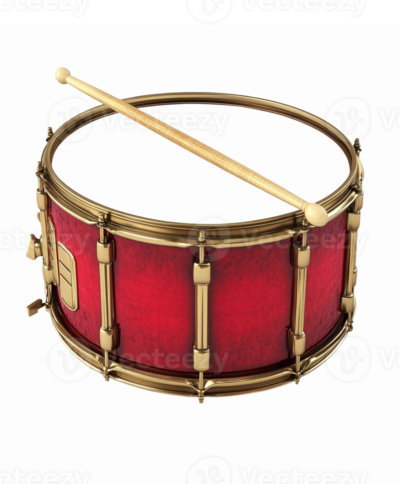Realistic Red Snare Drum with Gold Accents and Drumstick Isolated on Transparent Background png