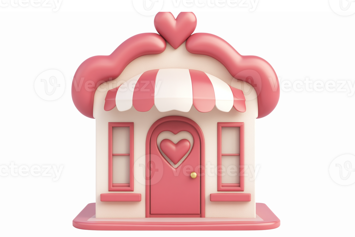 Whimsical Pink Love-Themed House with Heart Detailing and Striped Awning Design png