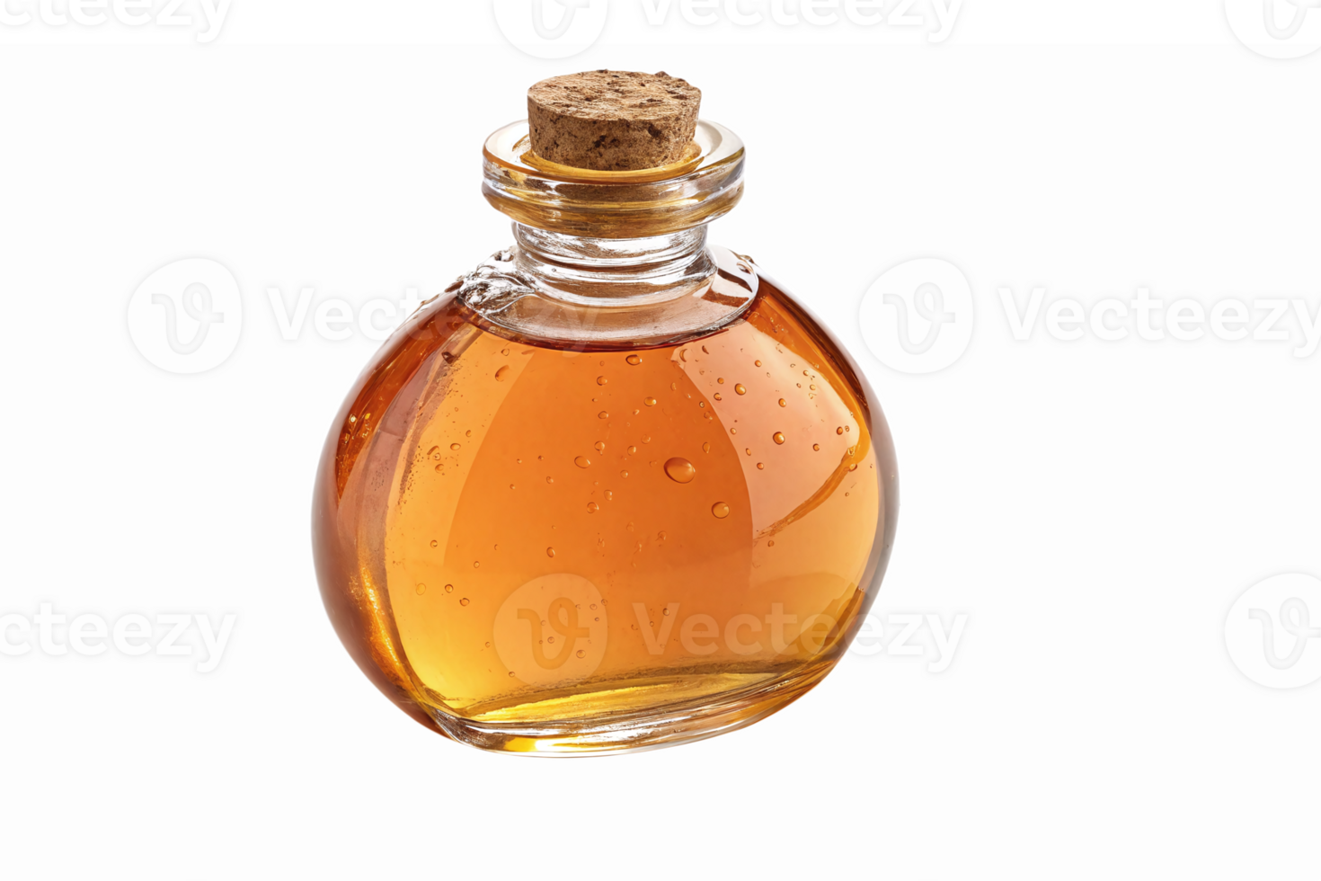 Vintage Glass Bottle with Cork Stopper Filled with Amber Liquid on Transparent Background png