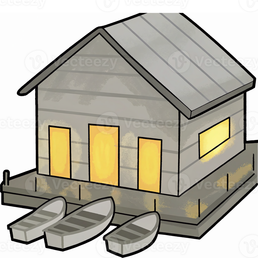 Cozy Wooden Boathouse with Boats on Dock and Warm Lighted Windows png