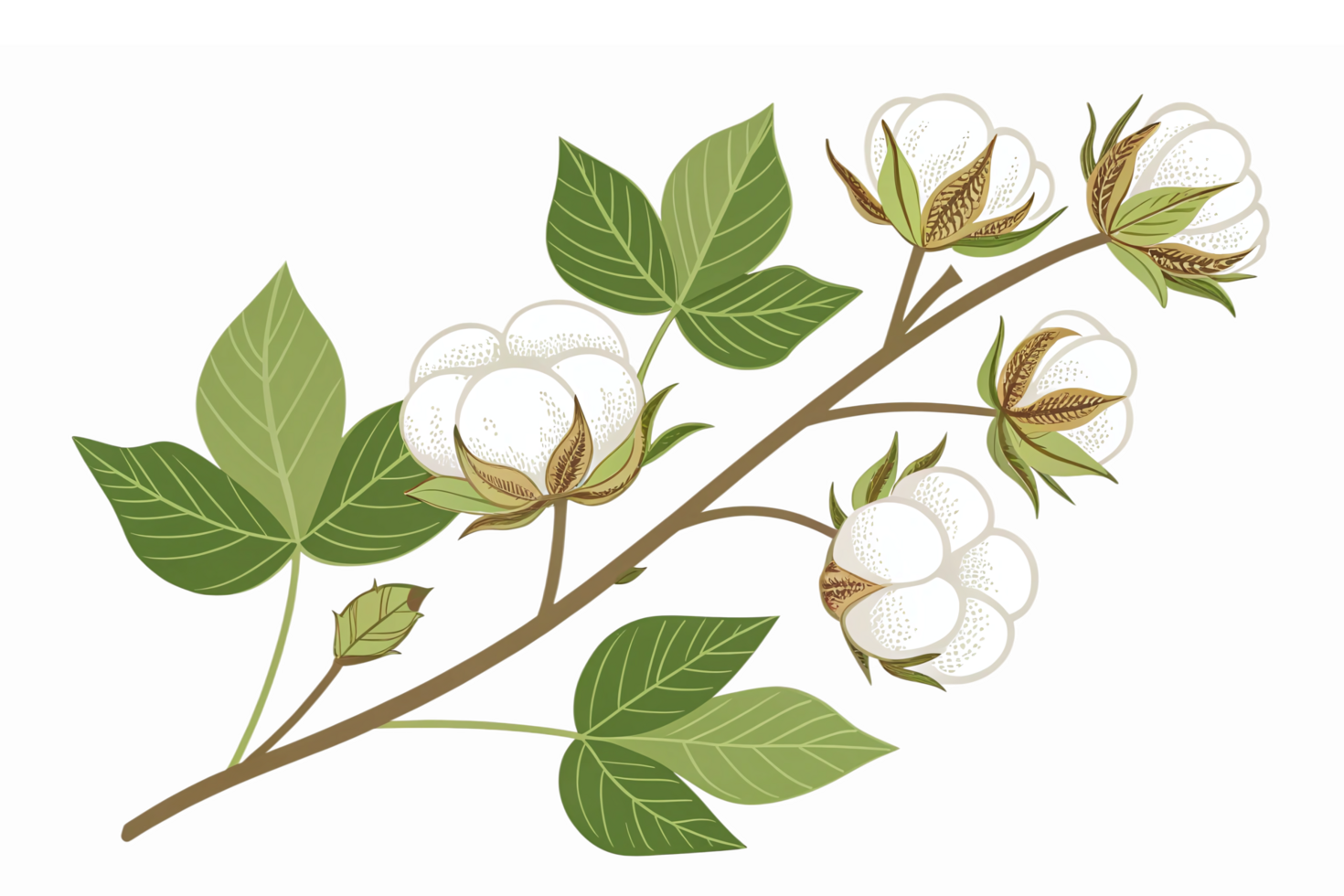 Cotton Plant Branch with White Bolls and Green Leaves for Natural Textile Design png