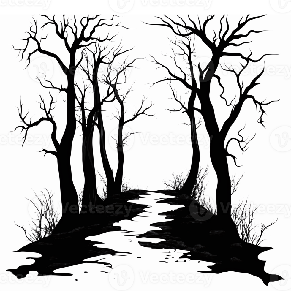 Mystical Forest Path with Silhouetted Trees and Ethereal Light Glow for Nature Inspired Designs png