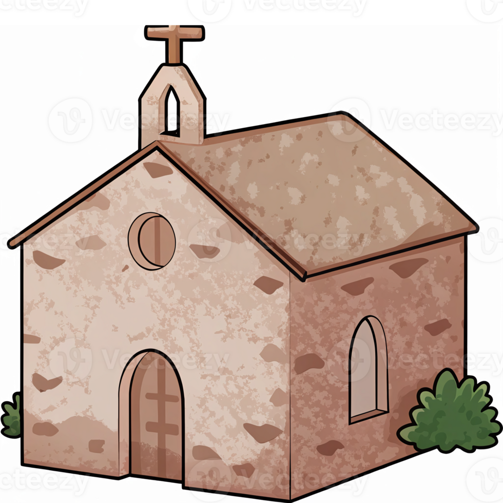 Charming Stone Church Building with Cross Design Surrounded by Lush Greenery png