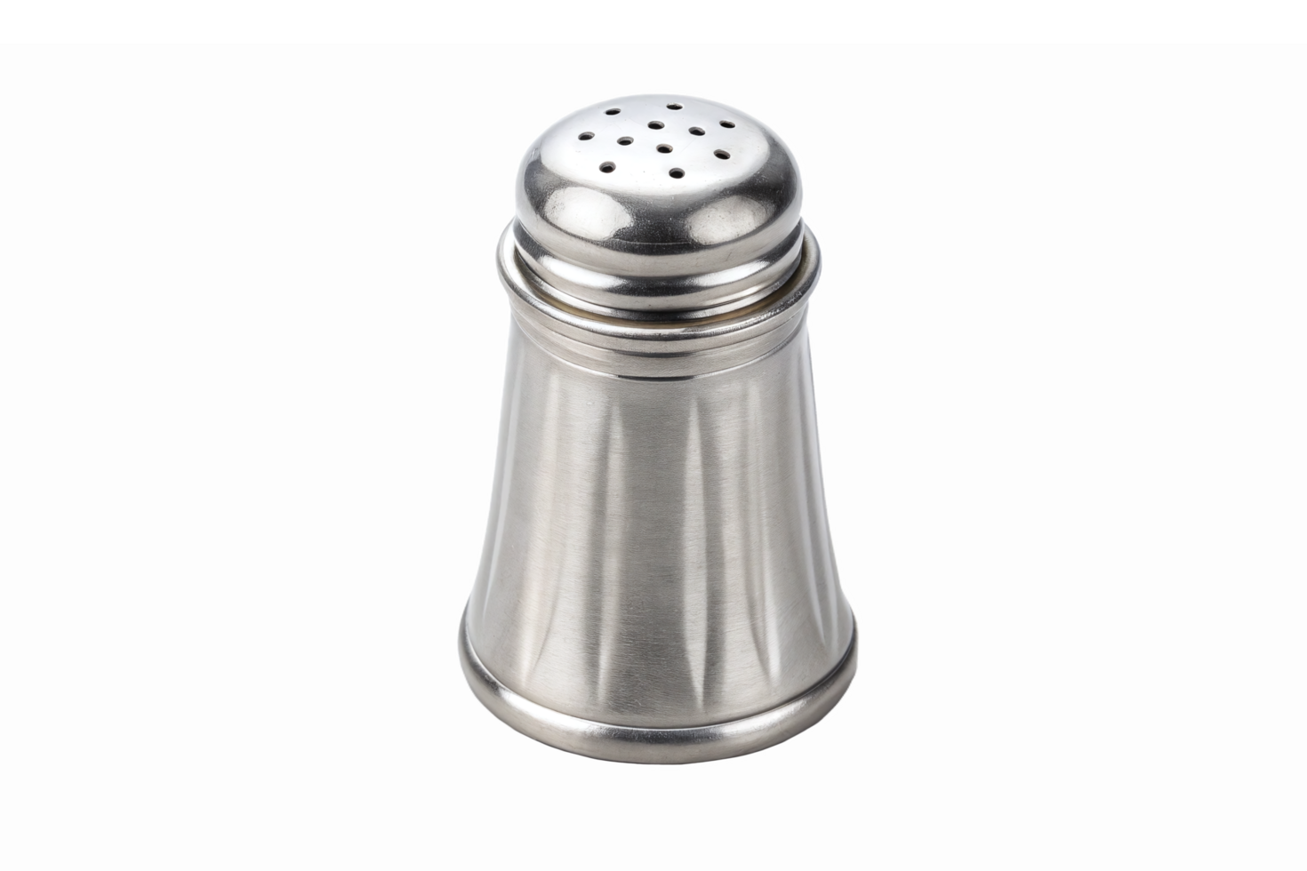 Shiny Metal Salt Shaker with Holes for Condiment Dispensing in Kitchen Setting png