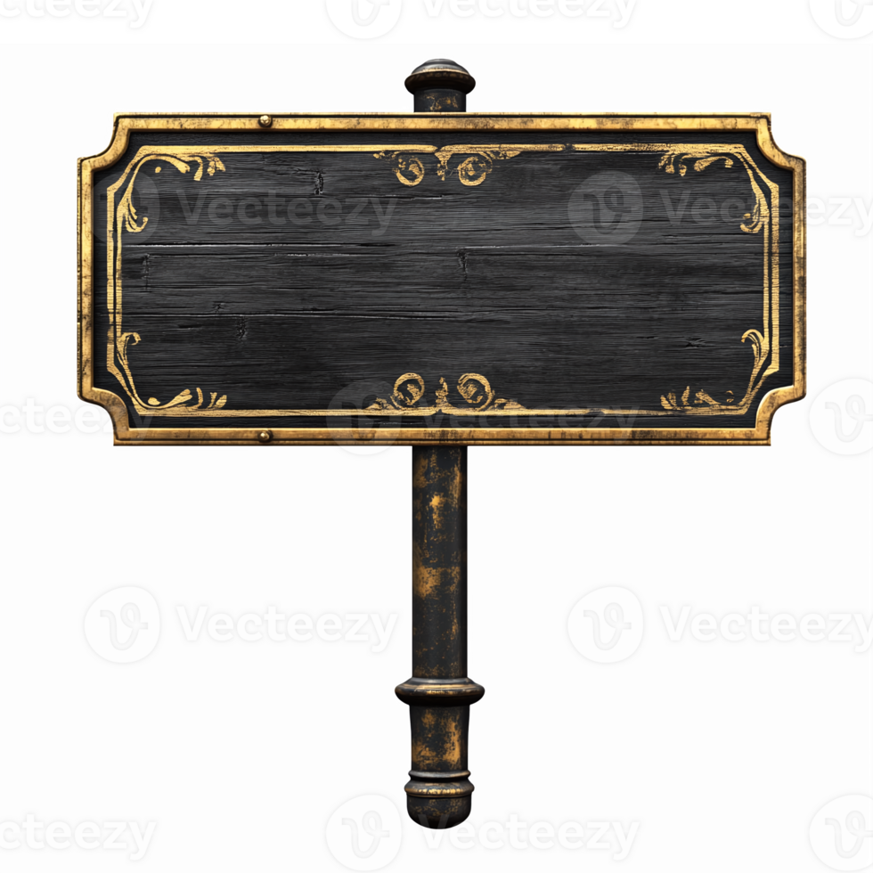 Vintage Black Wooden Sign with Ornate Gold Frame Ready for Custom Text or Graphics png