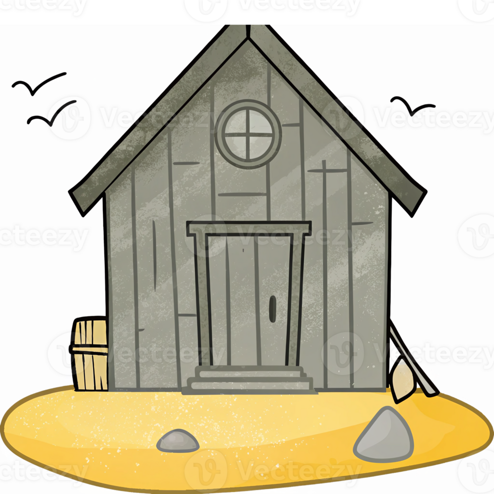 Rustic Wooden Cabin Surrounded by Smooth Stones and Sandy Ground with Clear Sky Background png