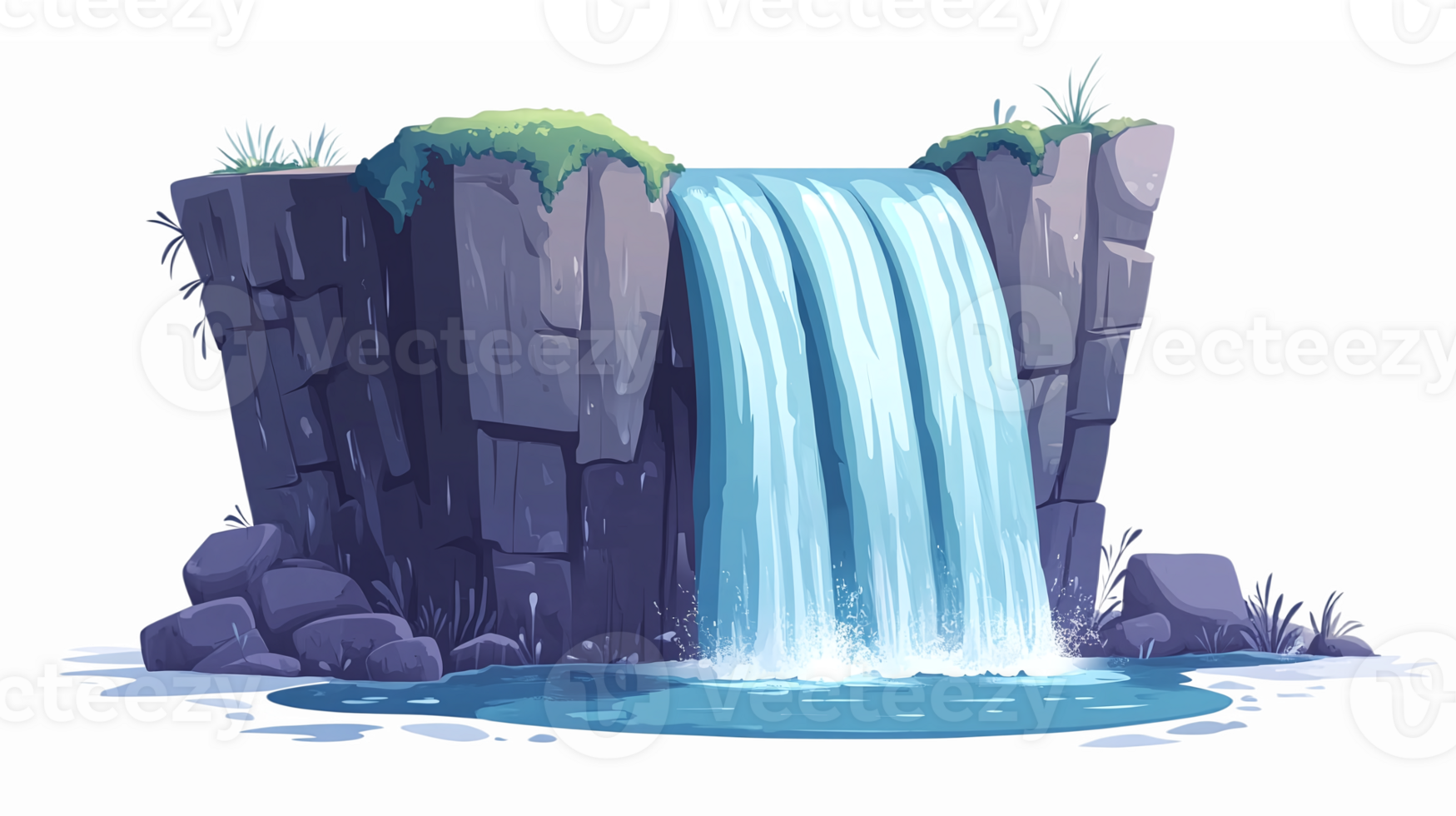 Stunning Waterfall Cascading Down Rocky Cliffs Surrounded by Lush Greenery and Calm Pool png