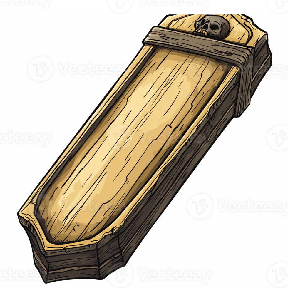 Detailed Wooden Coffin Illustration with Skull Design Perfect for Halloween or Gothic Themes png