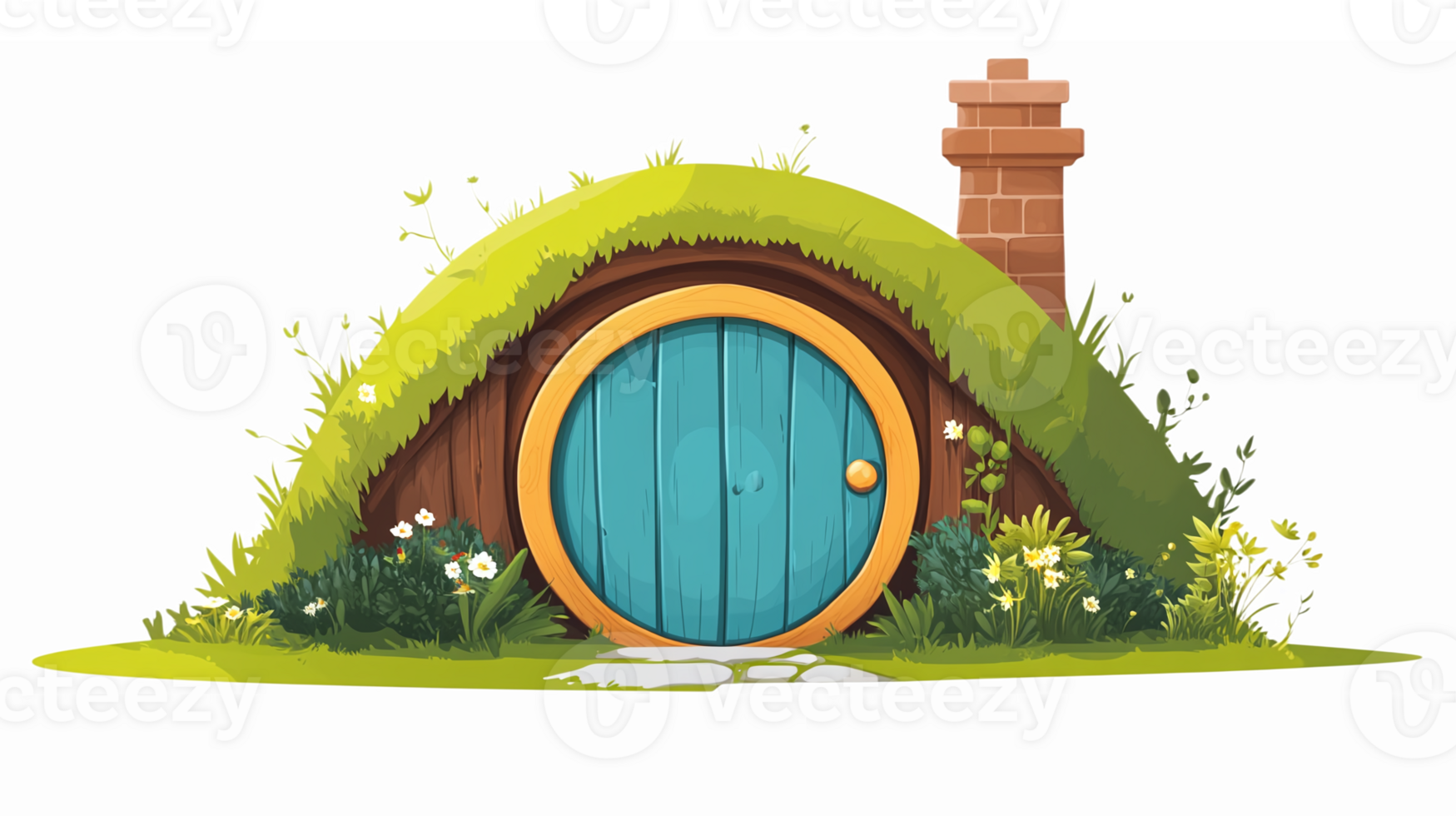 Charming Cartoon Hobbit House with Round Blue Door and Lush Greenery png