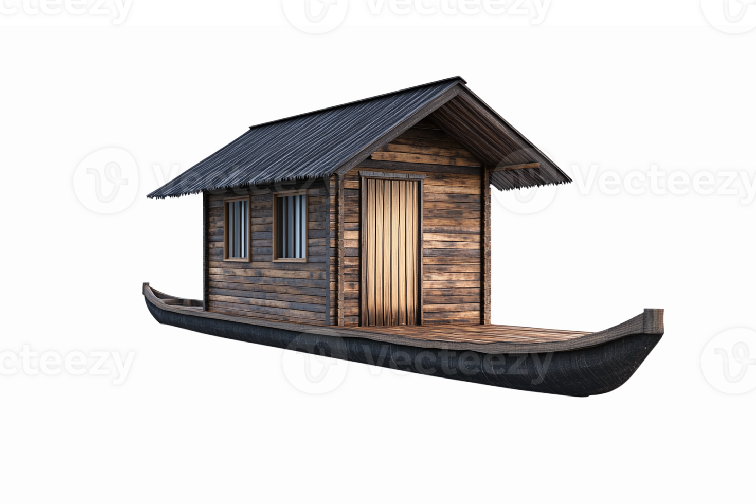 Realistic Wooden Houseboat Design with Transparent Background for Marine Decor png