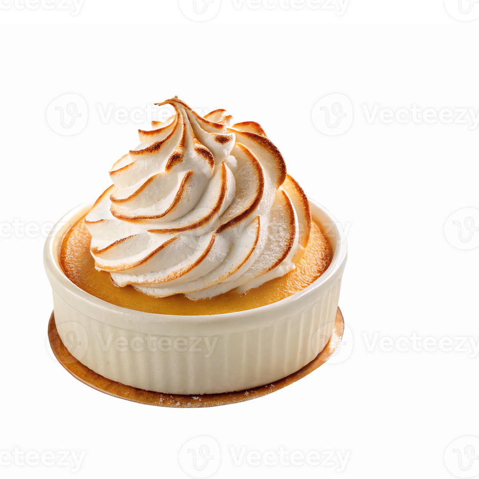 Delicious Creamy Lemon Meringue Pie with Swirled Topping in a White Dish on Transparent Background png