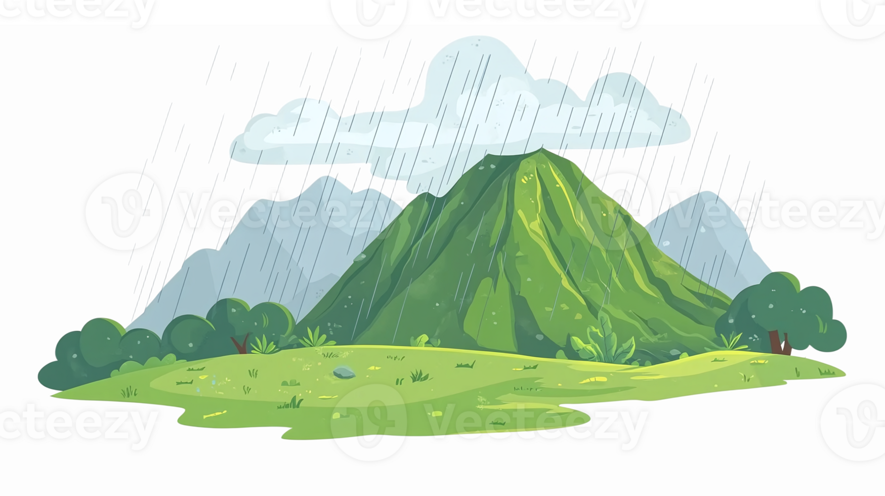 Rainy Mountain Landscape with Lush Greenery and Dramatic Clouds for Nature Themes png