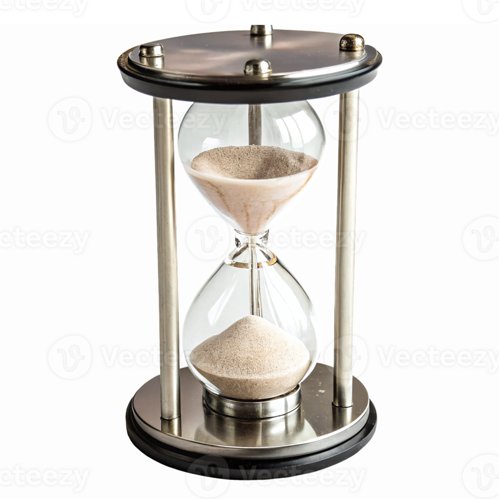 Elegant Glass Hourglass with Fine Sand in a Modern Metal Frame for Timely Decor png