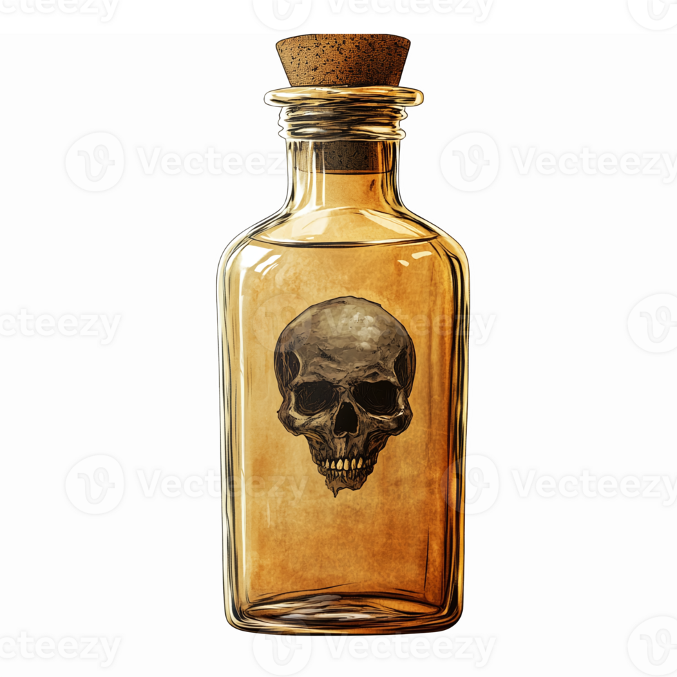 Glass Bottle with Cork Featuring Intricate Skull Design for Halloween Decorations and Crafts png