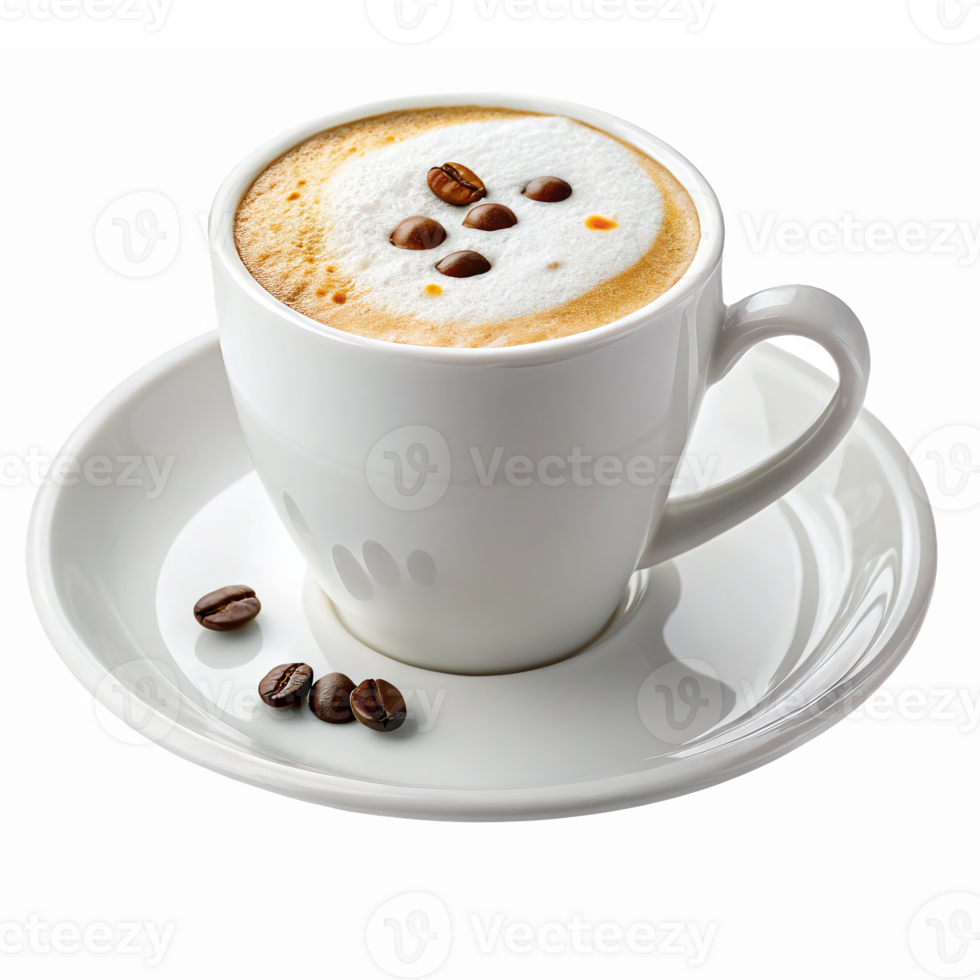 Delicious Cappuccino in White Cup with Coffee Beans on Plate with Transparent Background png