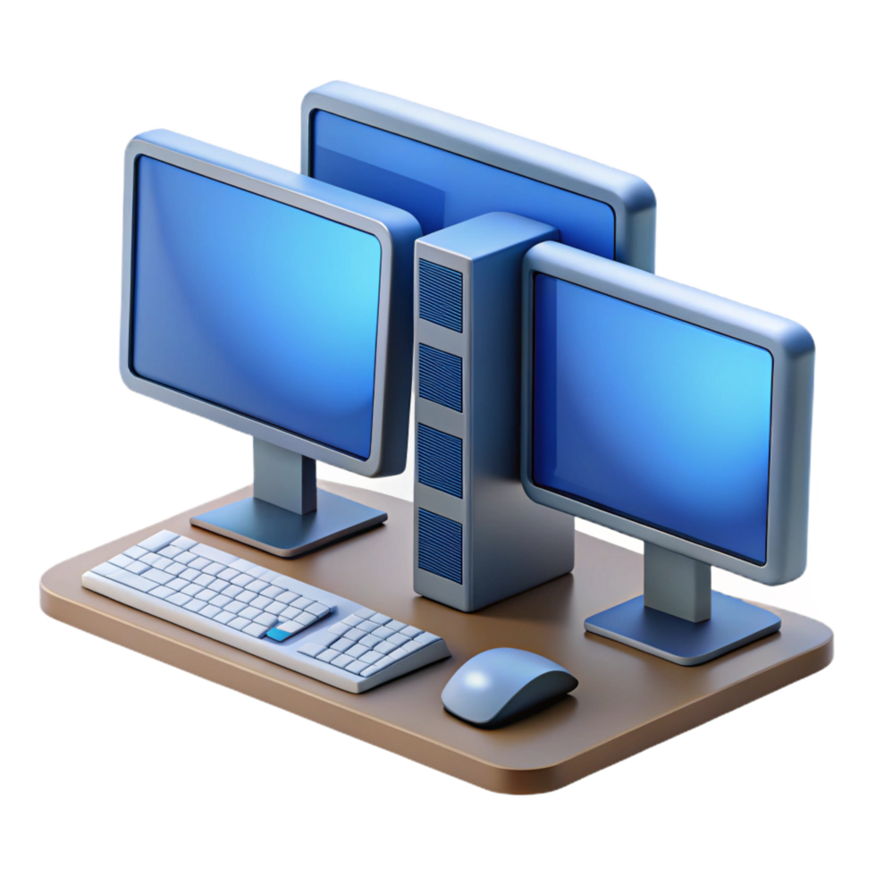 sereno tradicional uma poderoso Área de Trabalho computador com múltiplo monitores genuíno png