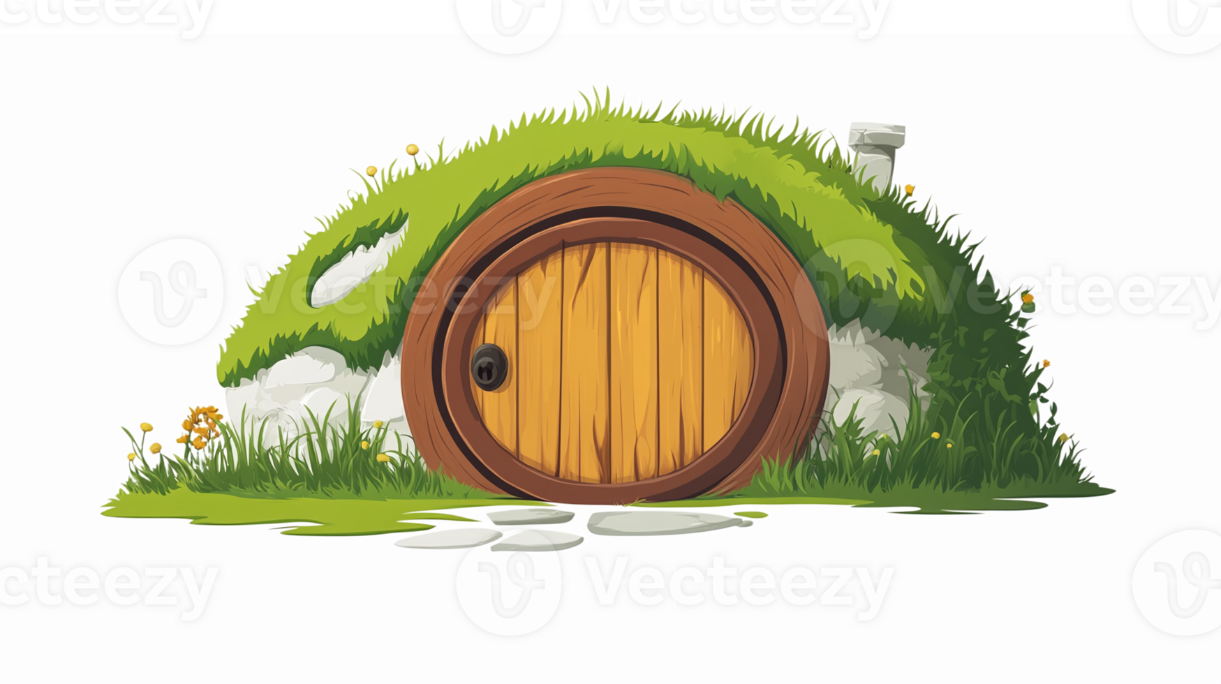 Whimsical Hobbit Door Surrounded by Lush Green Grass and Flowers Ideal for Fantasy Themes png