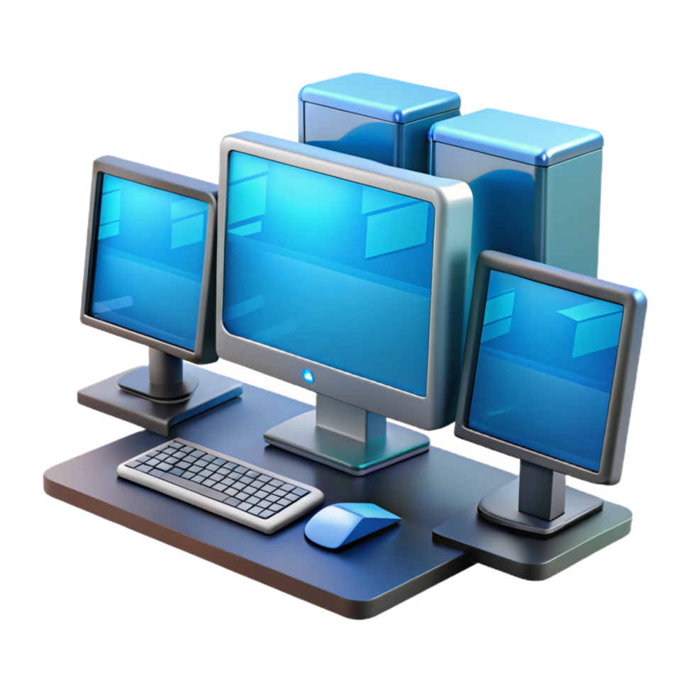 vibrant creative A powerful desktop computer with multiple monitors premium png