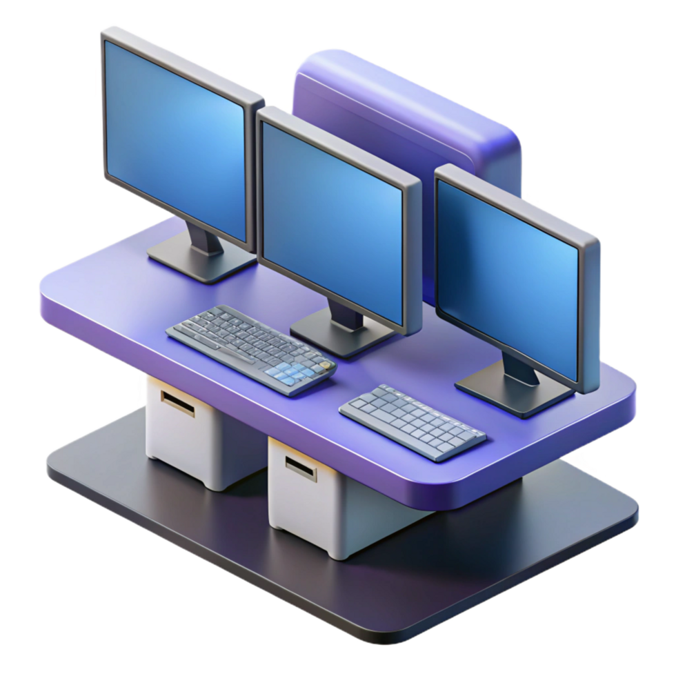 deslumbrante vintage uma poderoso Área de Trabalho computador com múltiplo monitores genuíno png