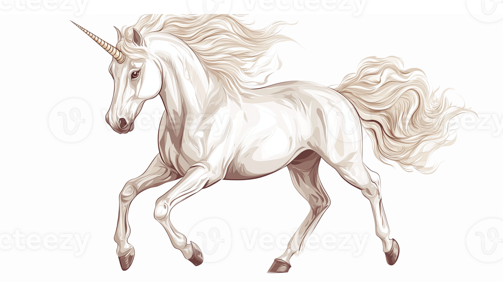 Majestic White Unicorn with Flowing Mane Running Creatively Illustrated on Transparent Background png
