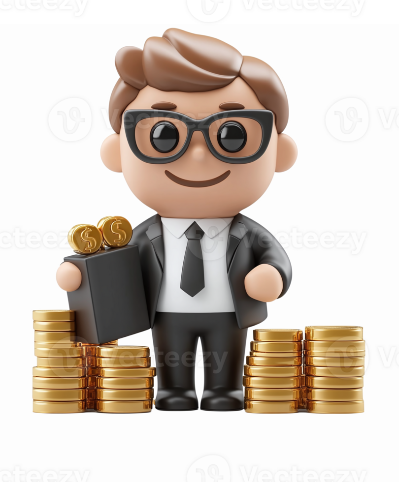 Smiling Businessman Character Holding Briefcase and Cash Stacks with Coins on Transparent Background png