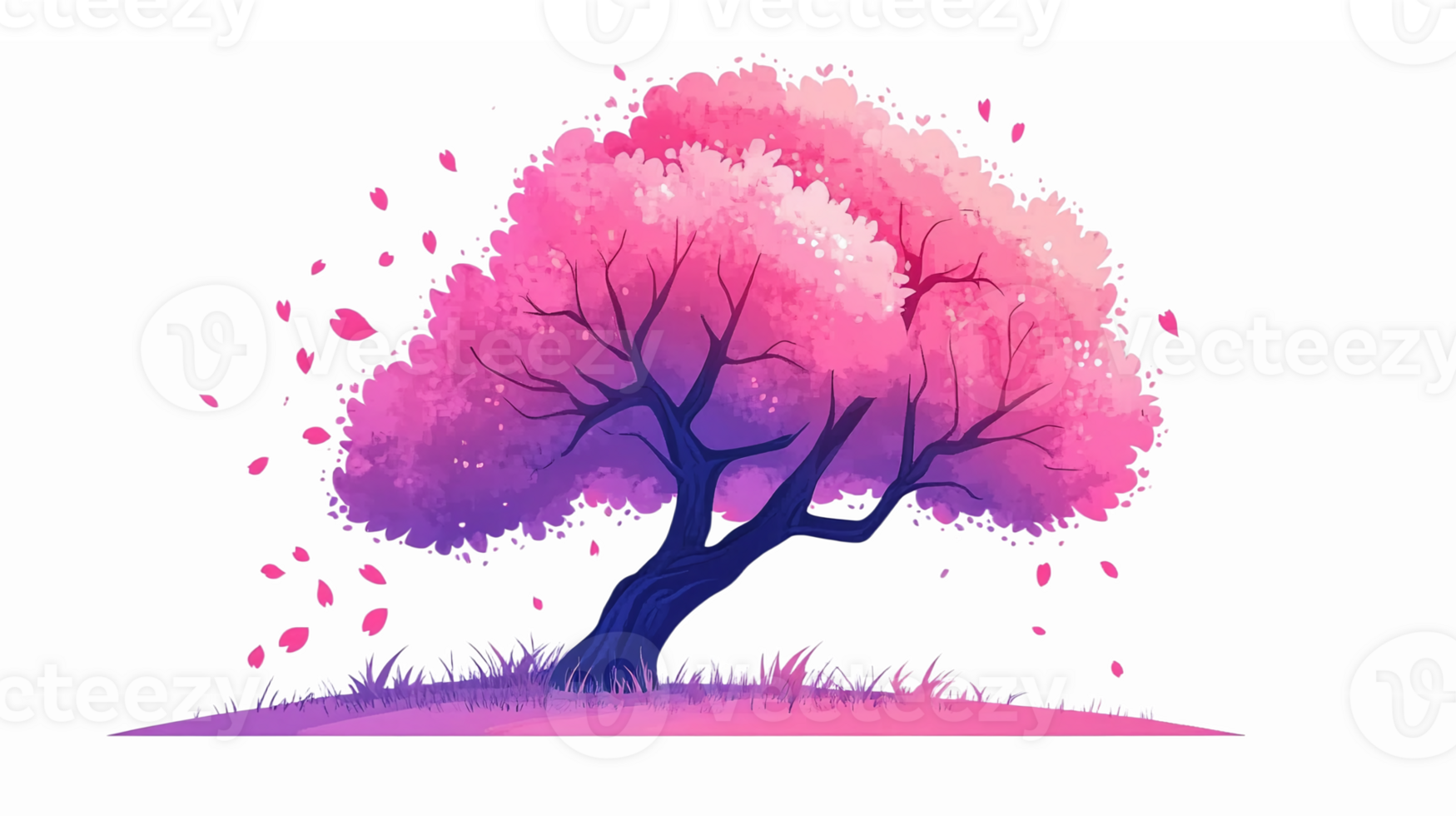 Blossoming Cherry Tree with Pink Flowers and Gentle Breeze in a Serene Landscape png