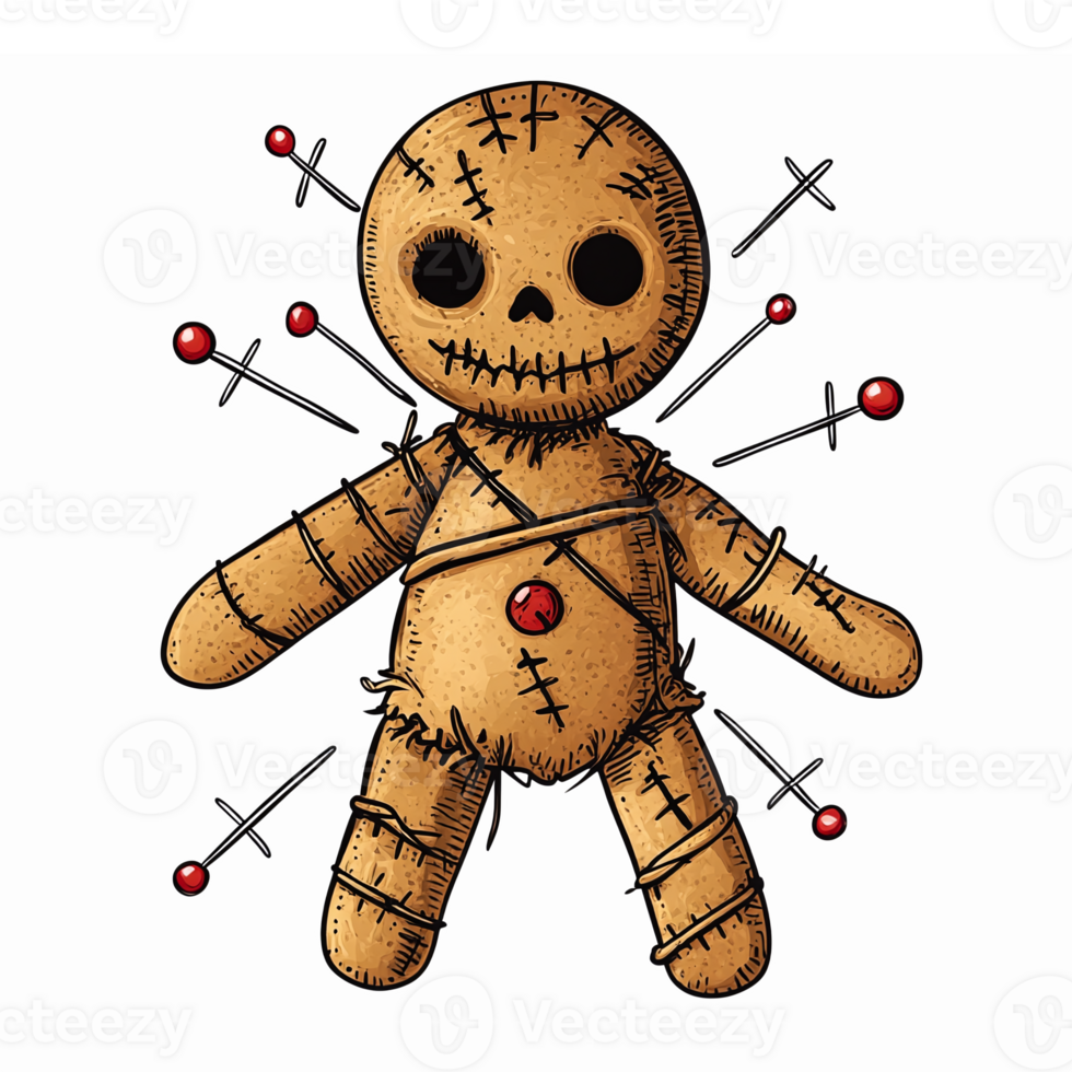 Voodoo Doll Illustration with Pins and Stitching Details for Halloween or Craft Projects png