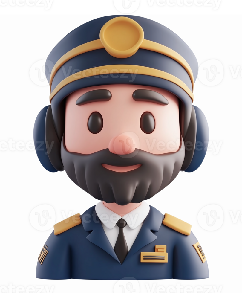 3D Friendly Pilot Character with Beard Wearing Uniform and Headset for Aviation Designs png