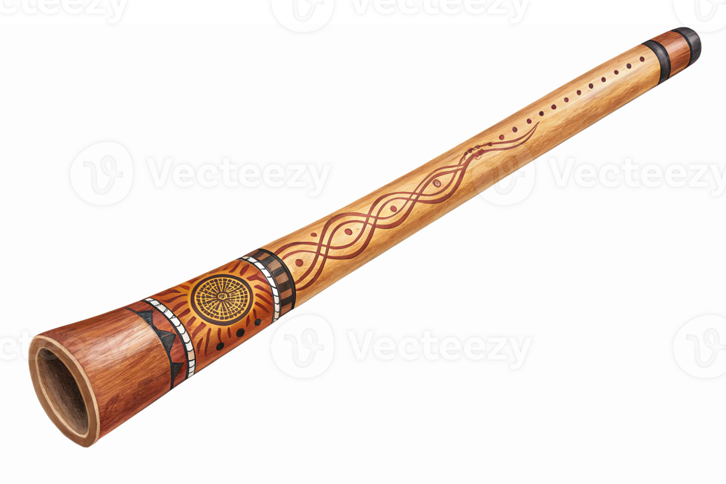Handcrafted Wooden Didgeridoo Art with Intricate Patterns and Natural Finish png