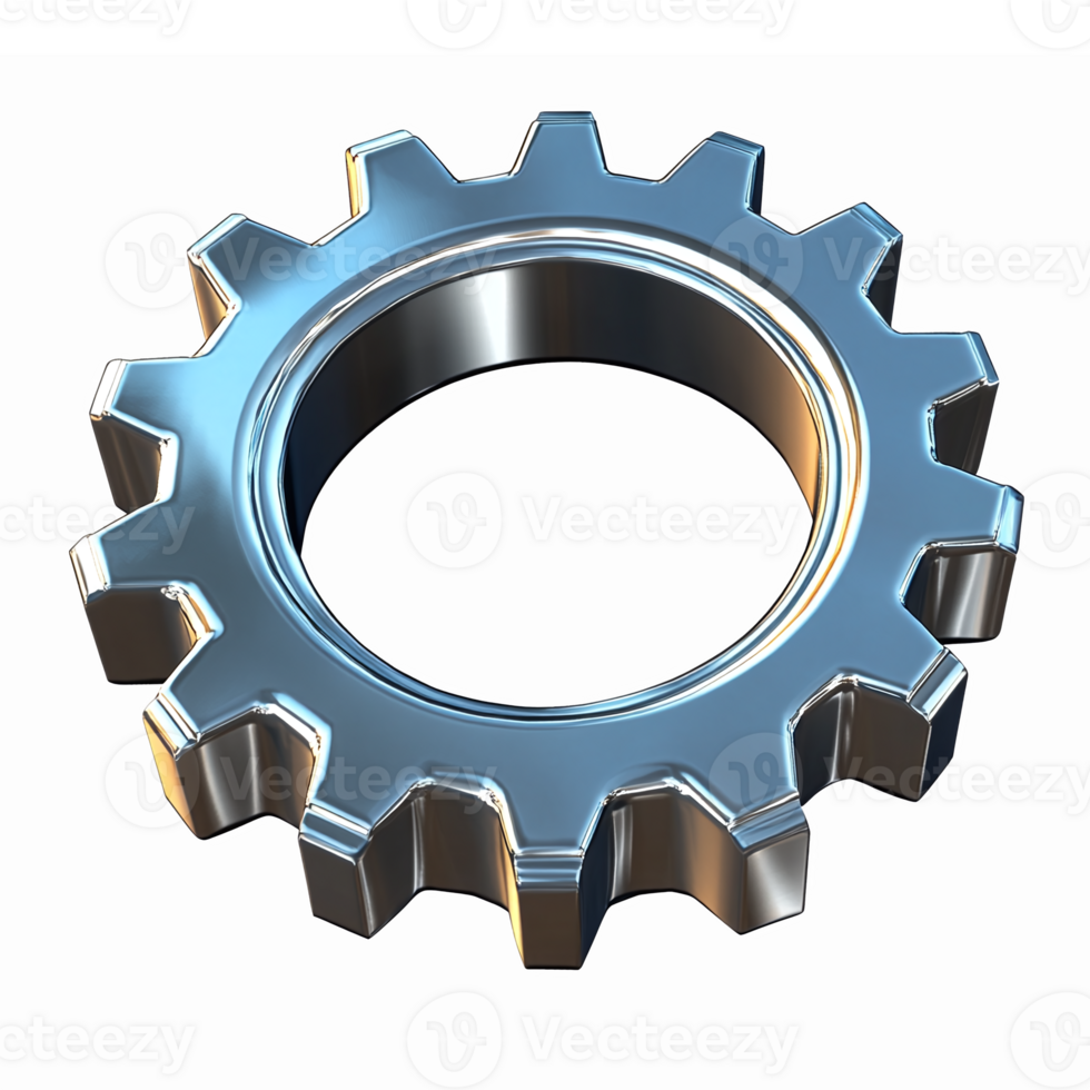 3D Metallic Gear Symbolizing Engineering and Mechanism in Transparent Background png